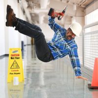 Construction worker falling off a ladder inside a building